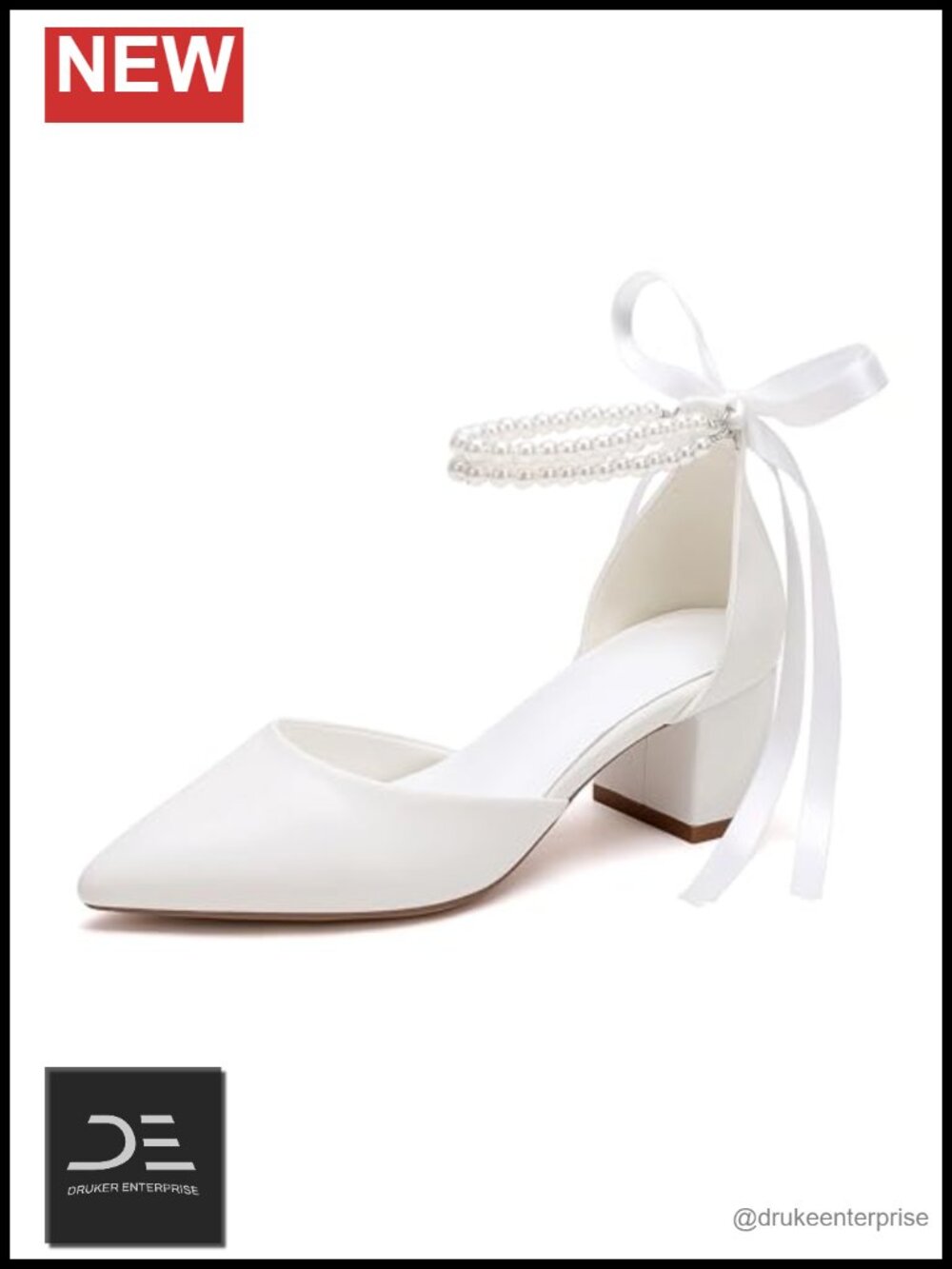 Ivory Faux Leather Pointed Toe Block Heel Pumps with Pearls